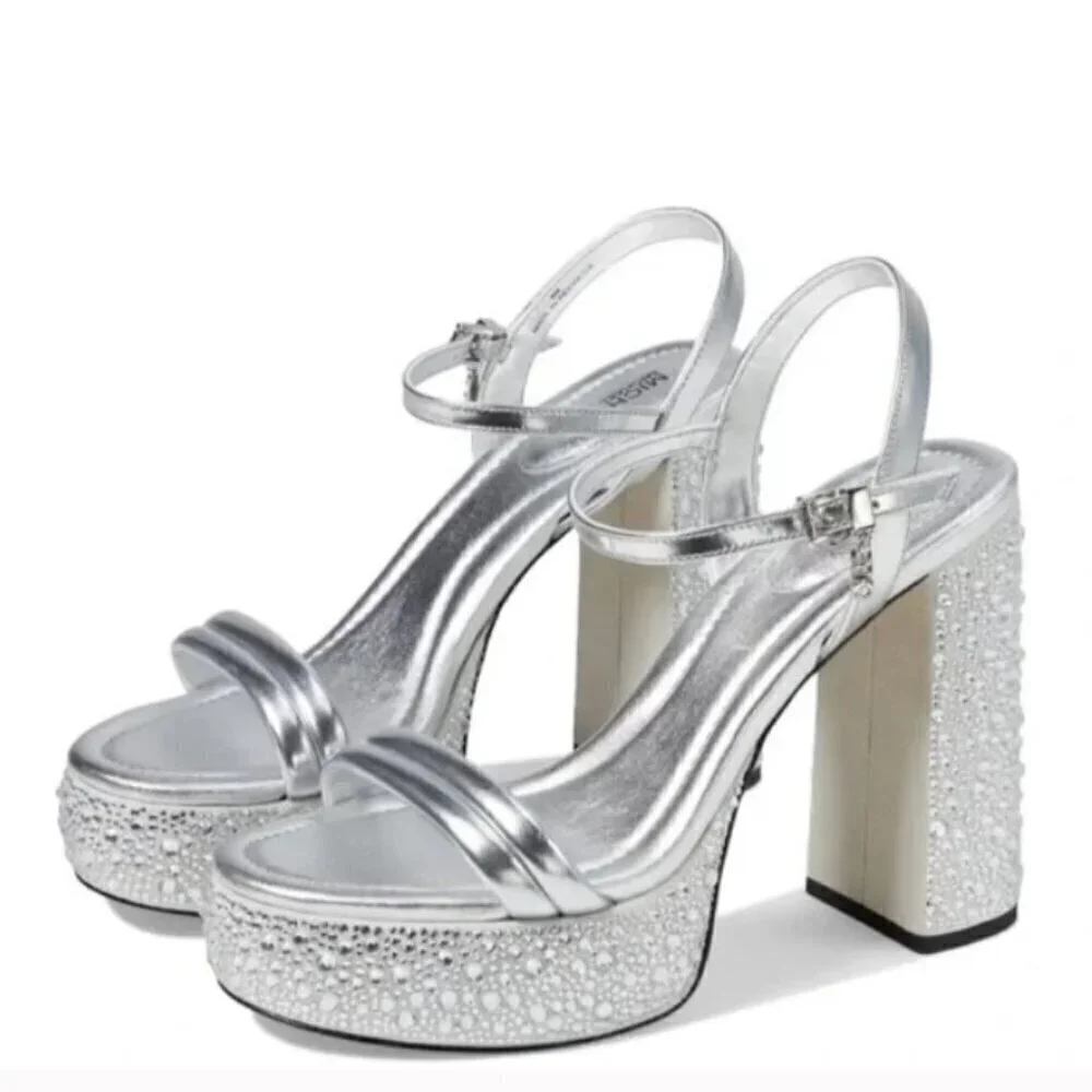 Michael Kors‎ size 9 Laci Embellished Metallic Silver Leather Platform Sandals